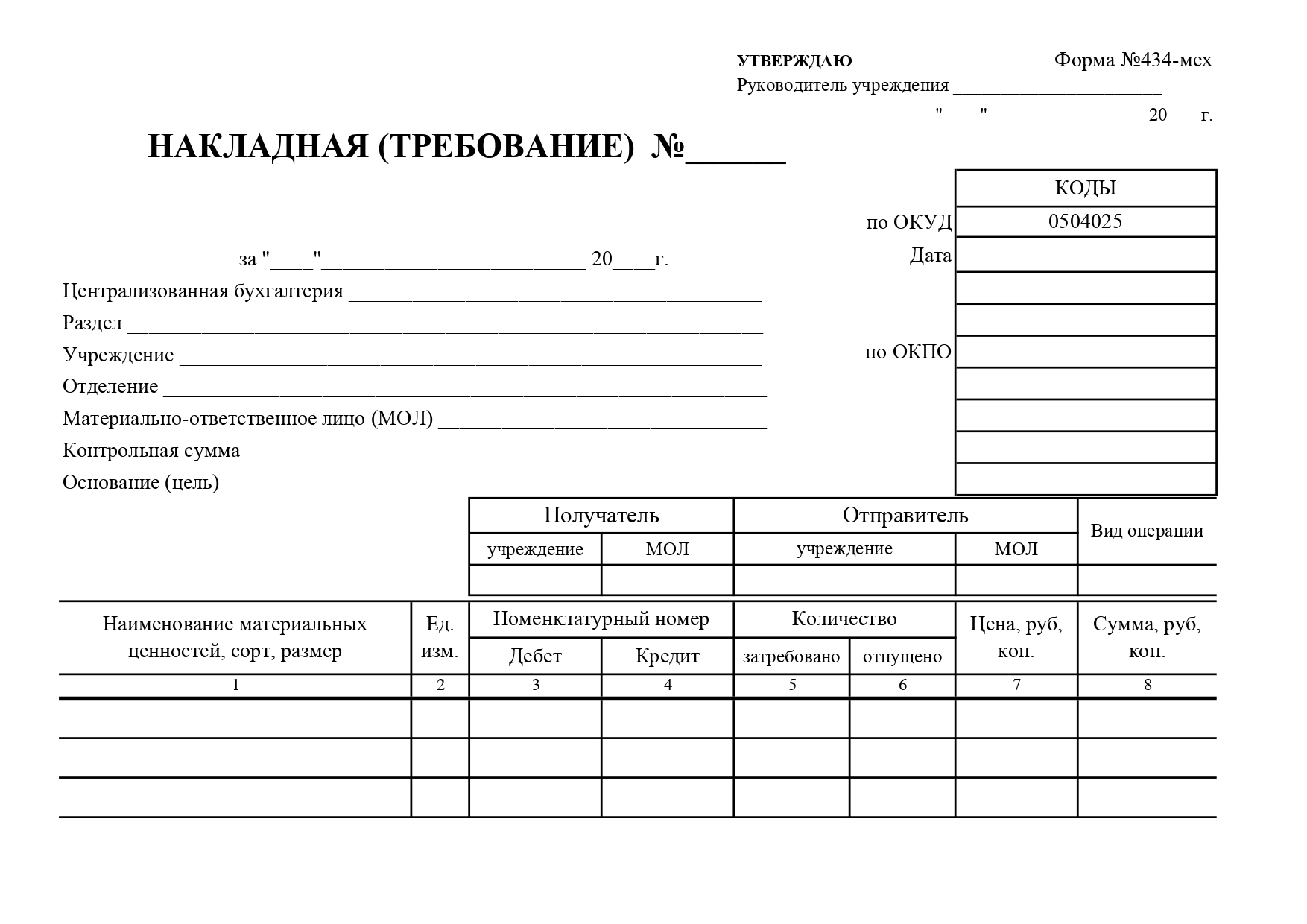 Форма по окуд. ОКУД 0504204 требование-накладная. Форма 434-мех накладная требование. Накладная требование 434. Форма 434 по ОКУД 0504234.